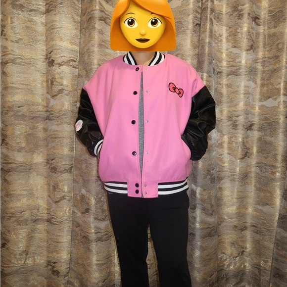 Forever 21 Women’s Hello Kitty Pink Jacket with Black faux leather Sleeves - Picture 2 of 10
